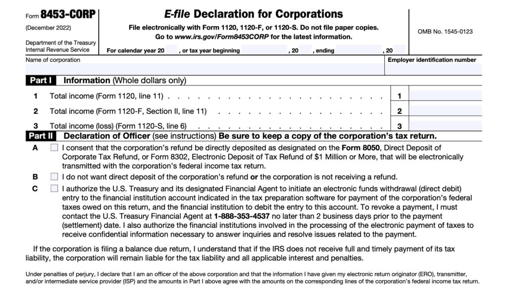 irs form 8453-corp, e-file declaration for corporations