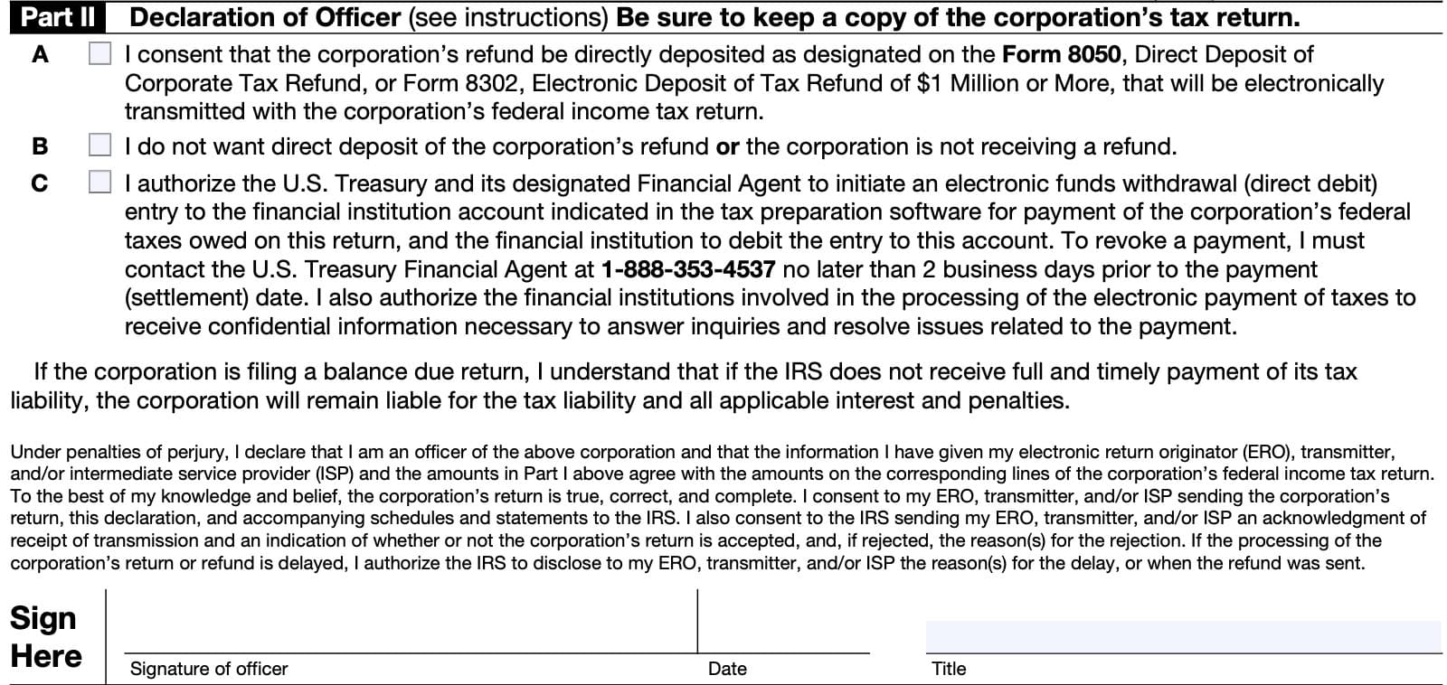 irs form 8453-corp part ii: declaration of officer