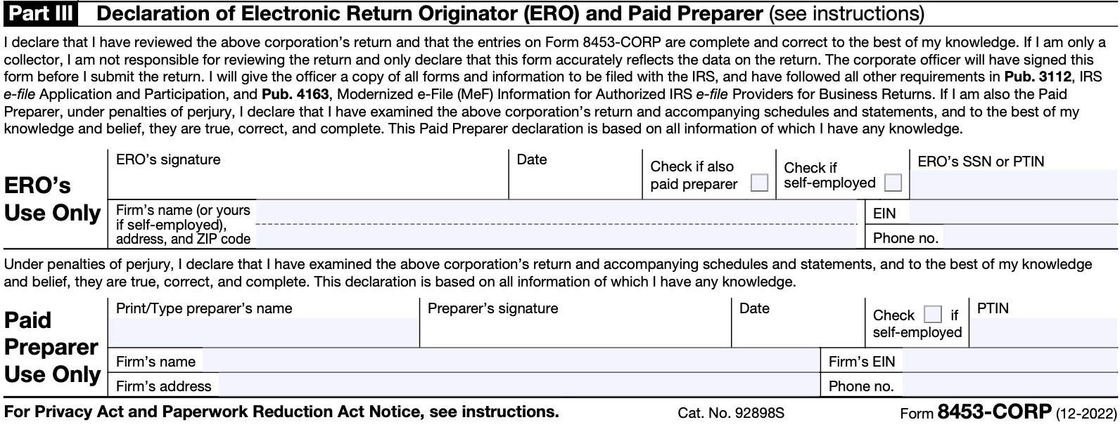 irs form 8453-corp part iii, declaration of ERO and paid preparer