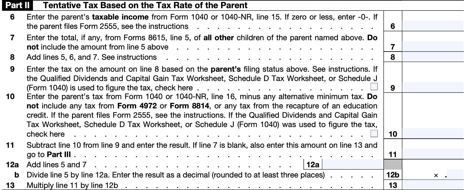 form 8615 part ii: tentative tax based on the parent's tax rate