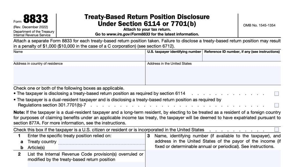 irs form 8833, treaty-based return position disclosure under Section 6114 or 7701(b)