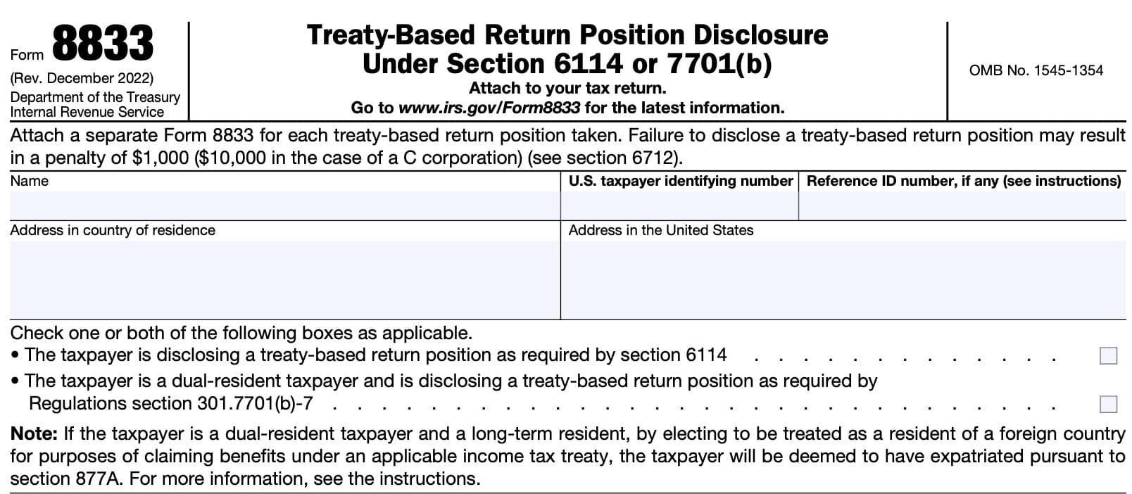 irs form 8833, taxpayer information fields