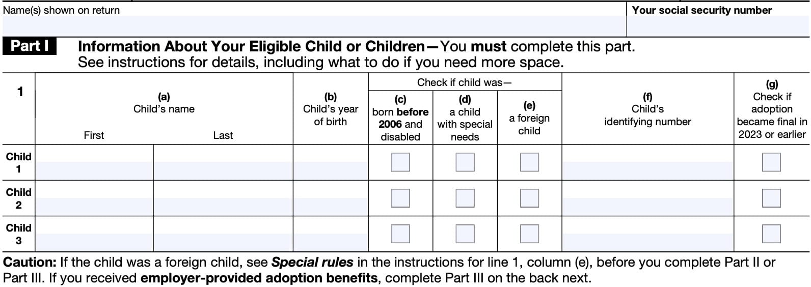 irs form 8839, part i: information about your eligible child or children