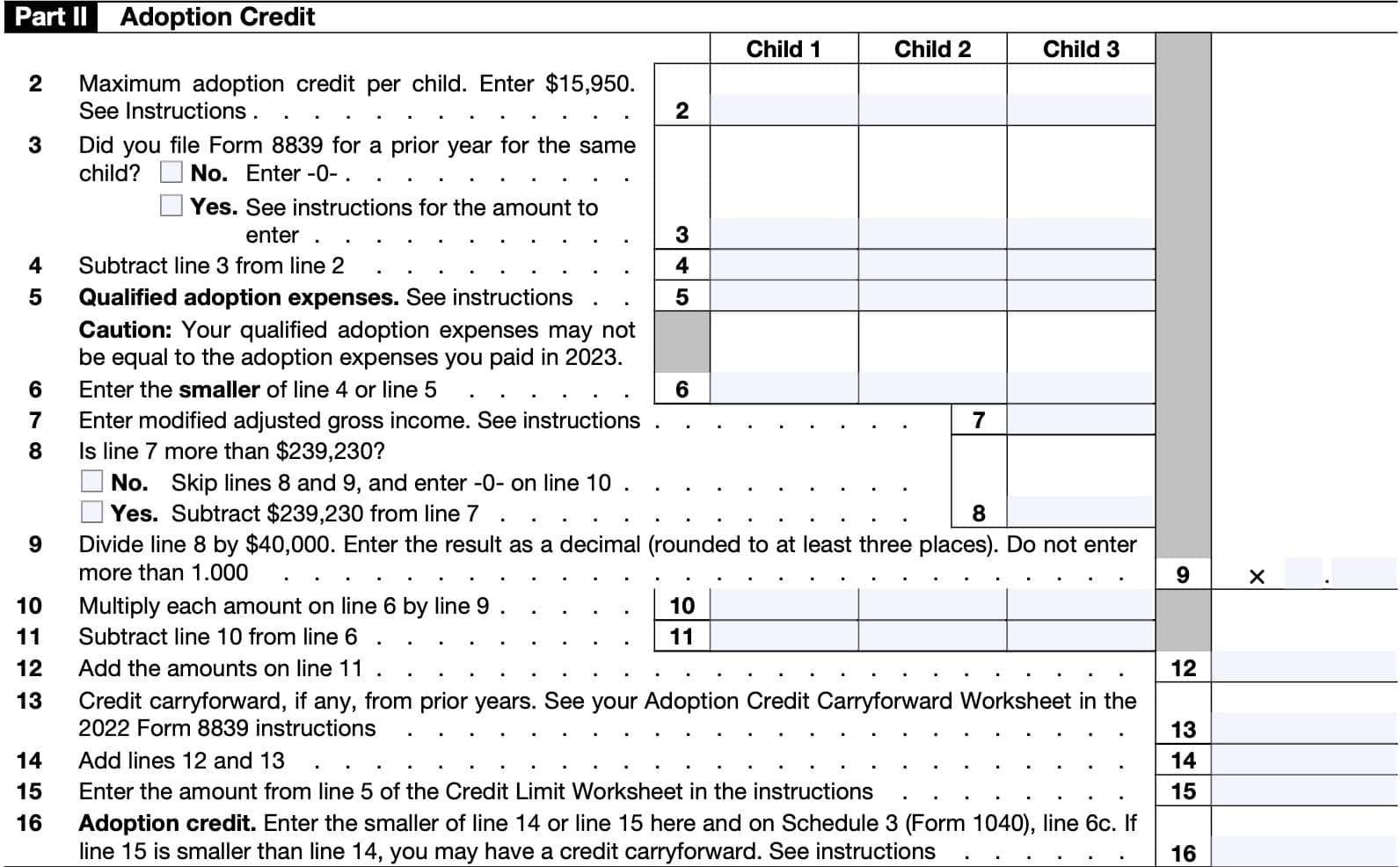 irs form 8839 part II: Adoption credit