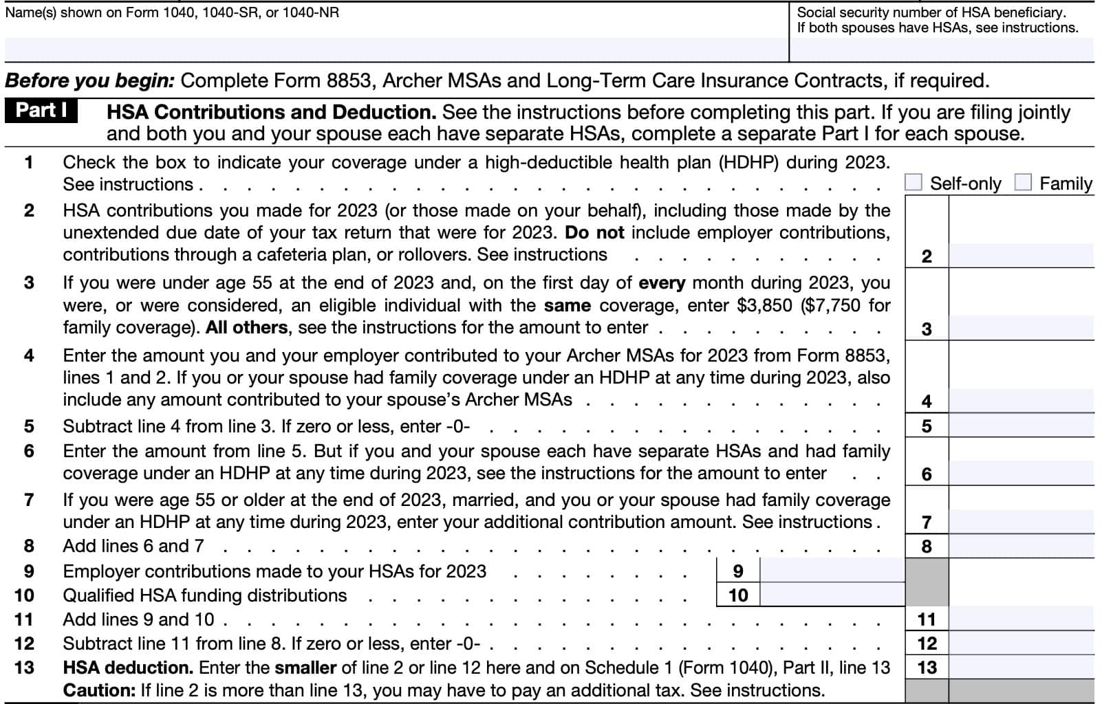 irs form 8889, health savings account, part I