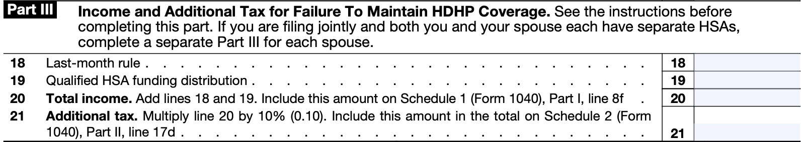 irs form 8889 Part III, income and additional tax for failure to maintain hdhp coverage