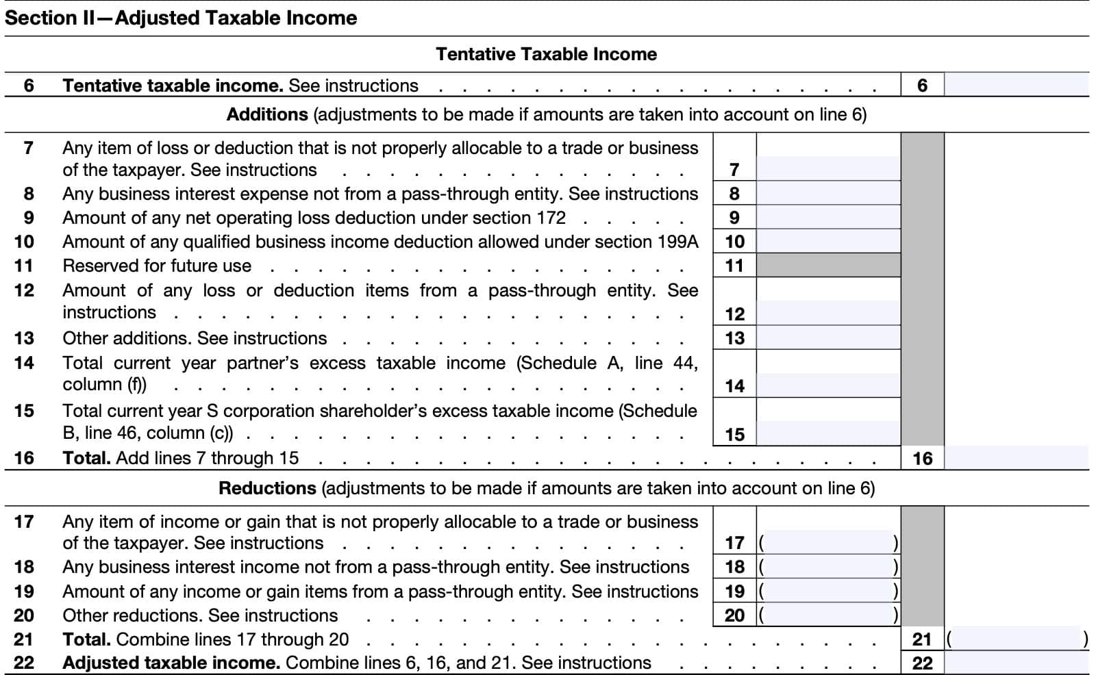 irs form 8990 part i, section ii: adjusted taxable income