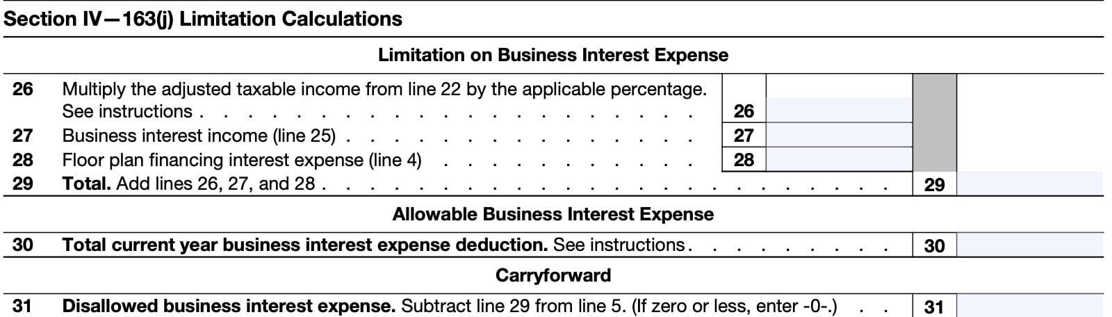 part i, section iv: 163(j) limitation calculations