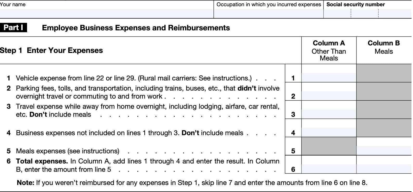 Part I: Employee business expenses & reimbursements, step 1: enter your expenses