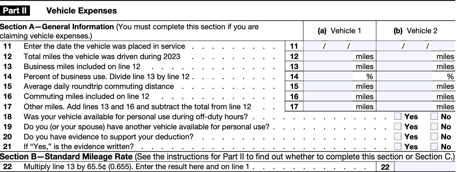 irs form 2106, Part II: Vehicle Expenses, section a (general information) and section b (standard mileage rate)