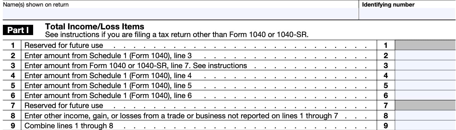 irs form 461, part i: total income/loss items