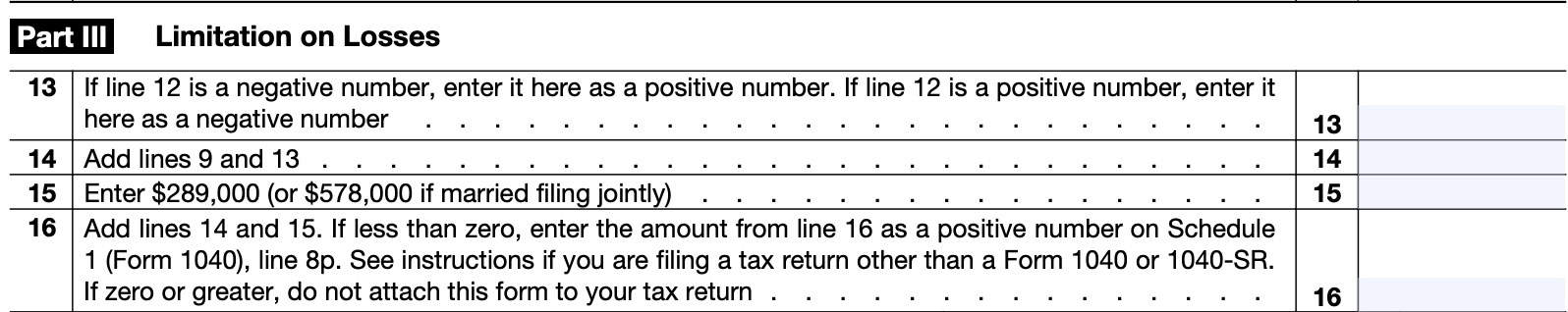 irs form 461, part iii: limitation on losses