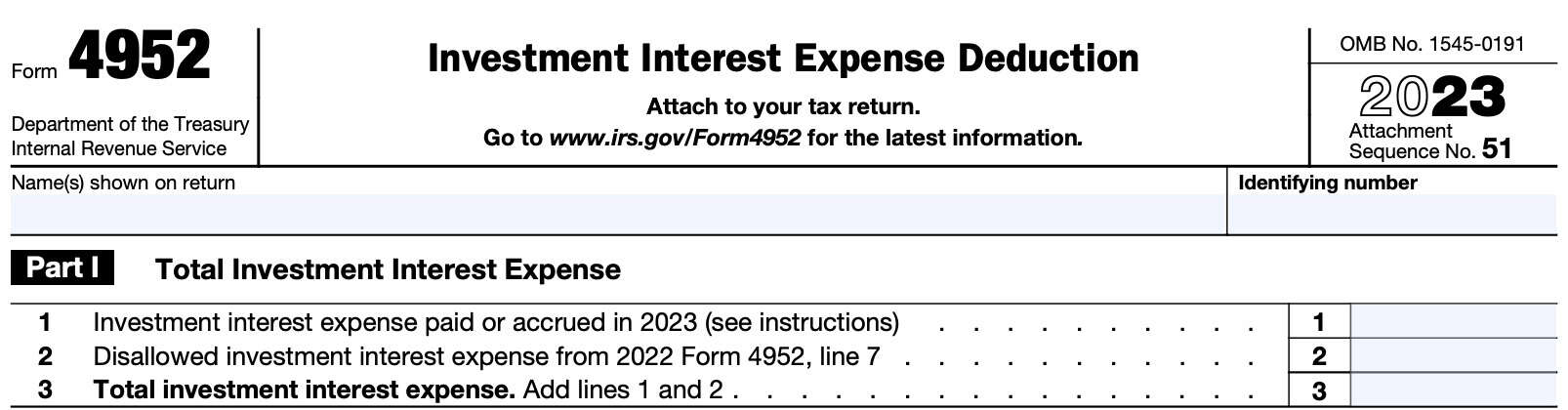 IRS Form 4952 Part I: Total investment interest expense