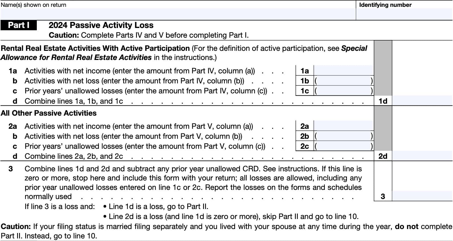 IRS Form 8582, part I: Passive activity loss