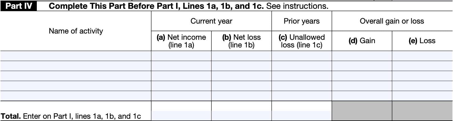 Individuals and qualifying estates who
actively participated in rental real estate
activities must include the income or
loss from those activities in Part IV to
figure the amounts to enter on Part I,
lines 1a through 1c of Form 8582.