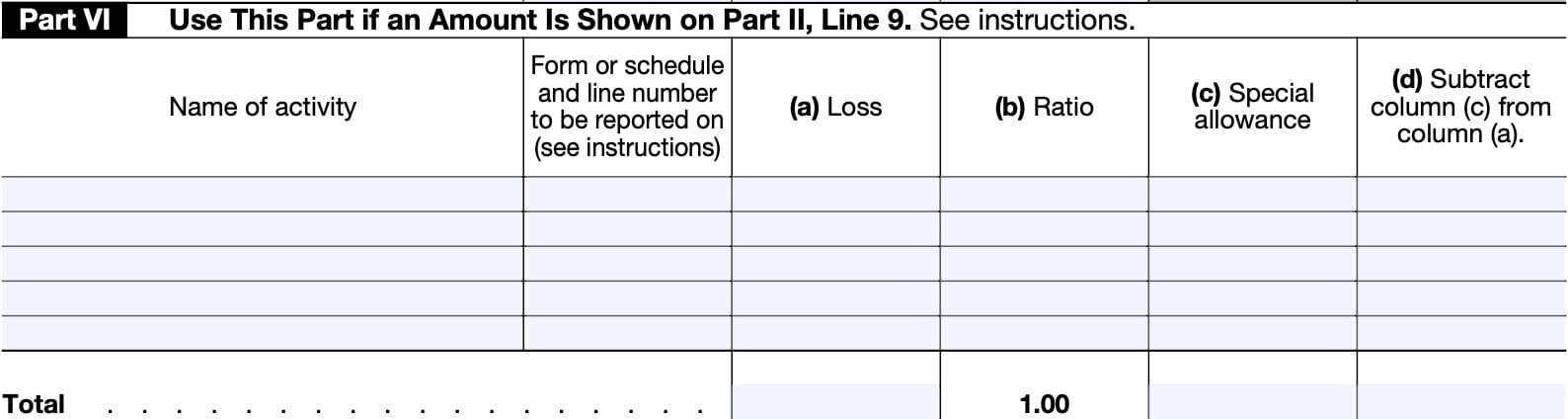 Use Part VI to allocate the special
allowance on Part II, line 9 of Form 8582
among your rental real estate activities.