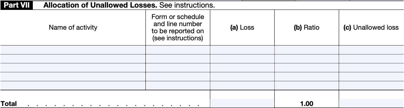 Complete Part VII if any activities have
an overall loss in column (e) of Part V or
losses in column (d) of Part VI (in
column (e) of Part IV if you didn’t have
to complete Part VI).