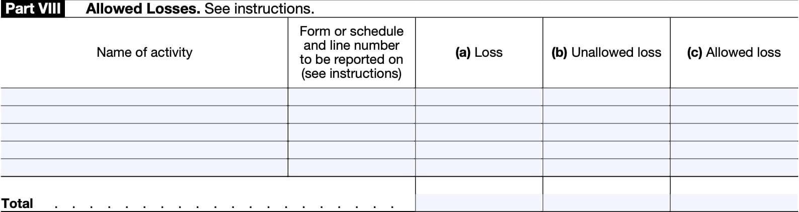 Use Part VIII for any activity listed in Part
VII if all the loss from that activity is
reported on one form or schedule and
no transactions need to be identified
separately (as discussed in Part IX,
later). 