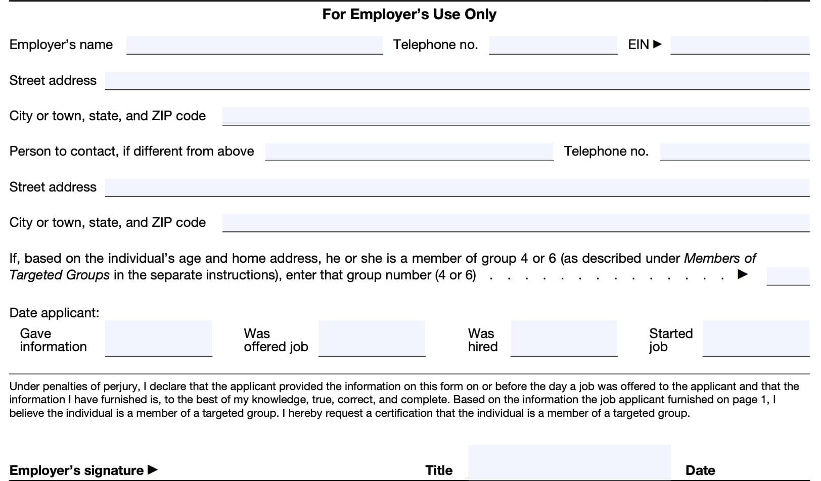 irs form 8850, employer information and signature