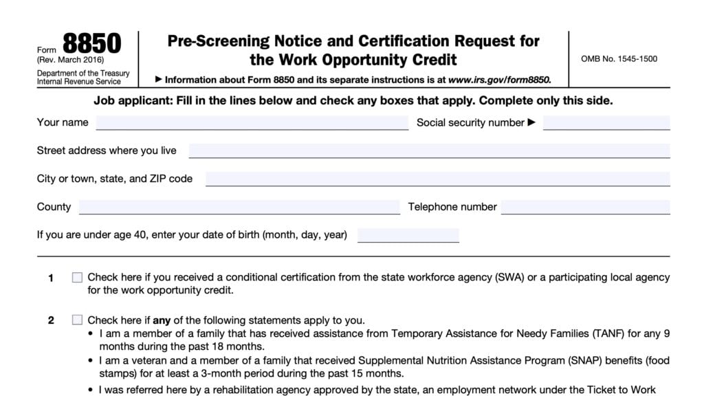 irs form 8850, pre-screening notice and certification request for the work opportunity credit