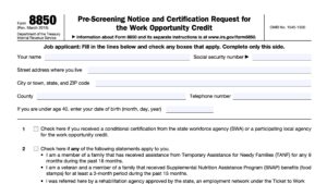 irs form 8850, pre-screening notice and certification request for the work opportunity credit