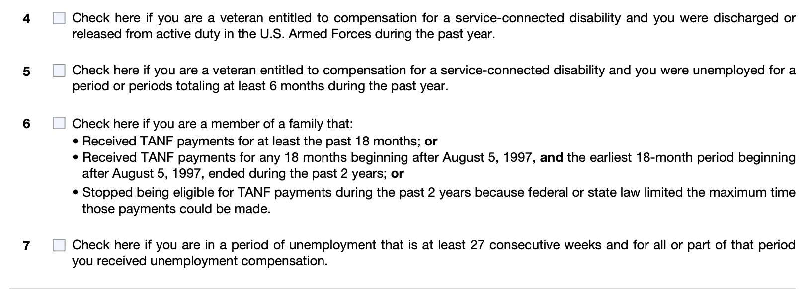 irs form 8850, questions 4 through 7