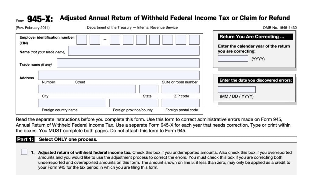 irs form 945-x, adjusted annual return of withheld federal income tax or claim of refund