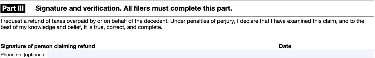 Part III contains the signature and verification portion.