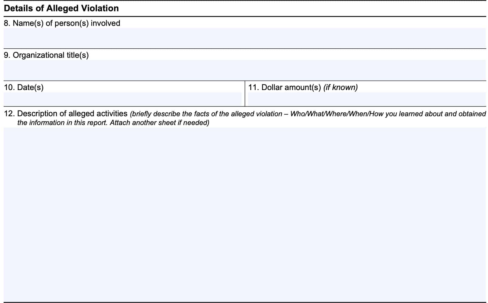 irs form 13909, details of alleged violation