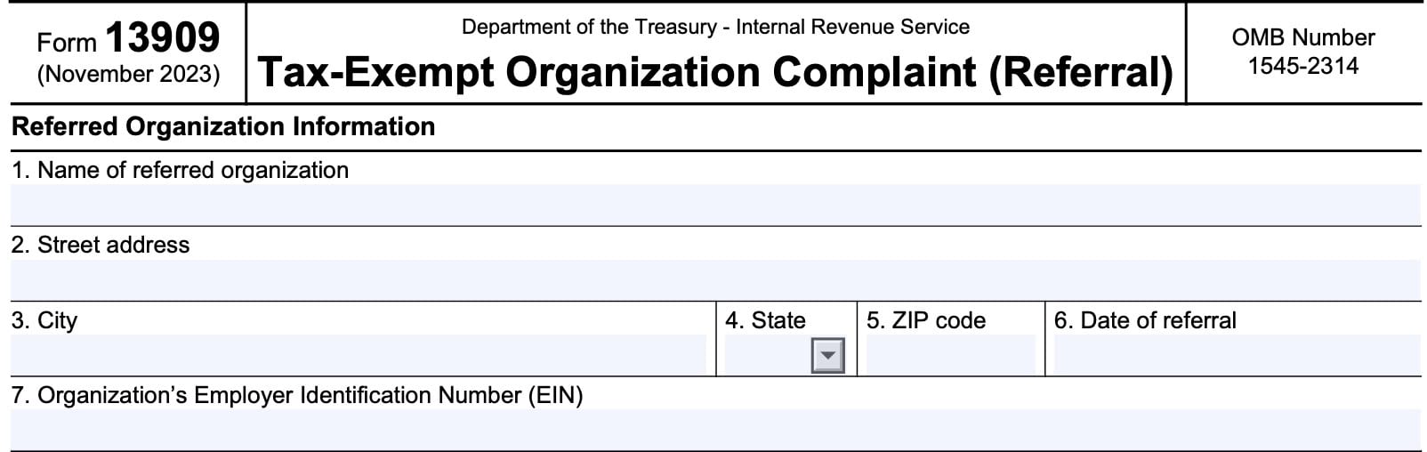 irs form 13909, referred organization information