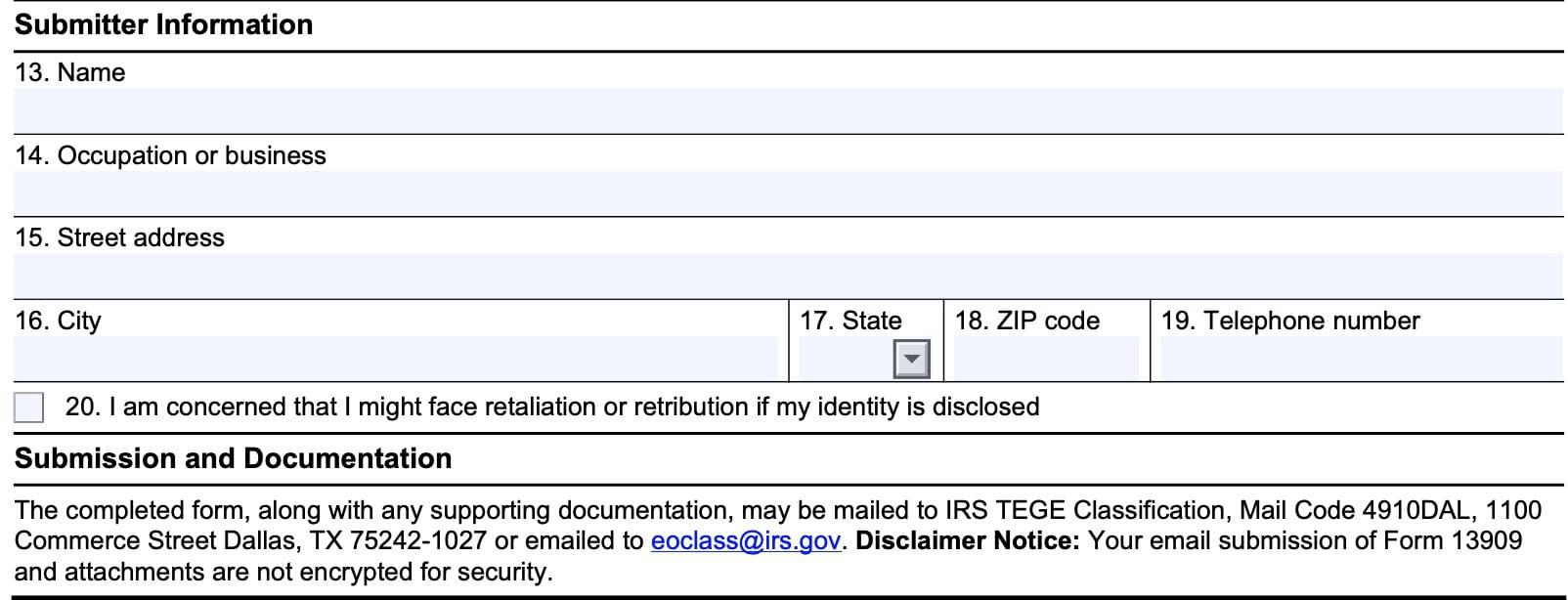 irs form 13909, submitter information