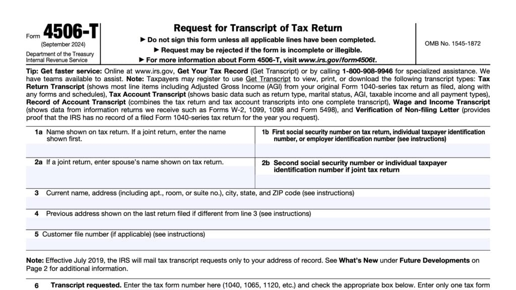 irs form 4506-t, request for transcript of tax return