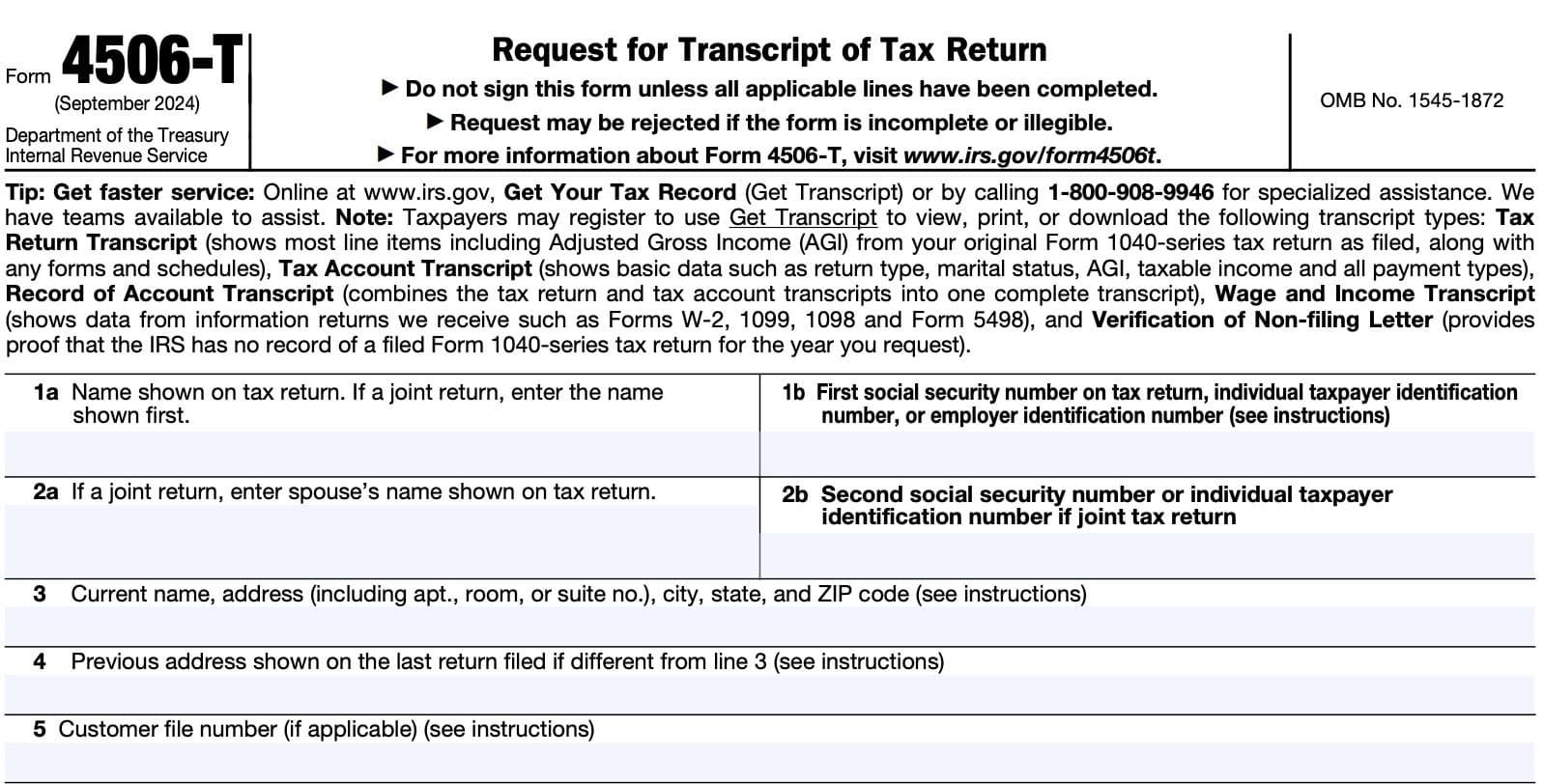 irs form 4506-T, request for transcript of tax return, taxpayer information