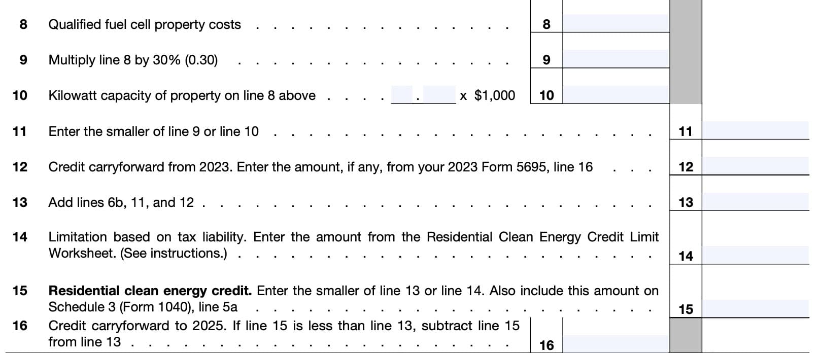 Residential clean energy credit lines 8 through 16