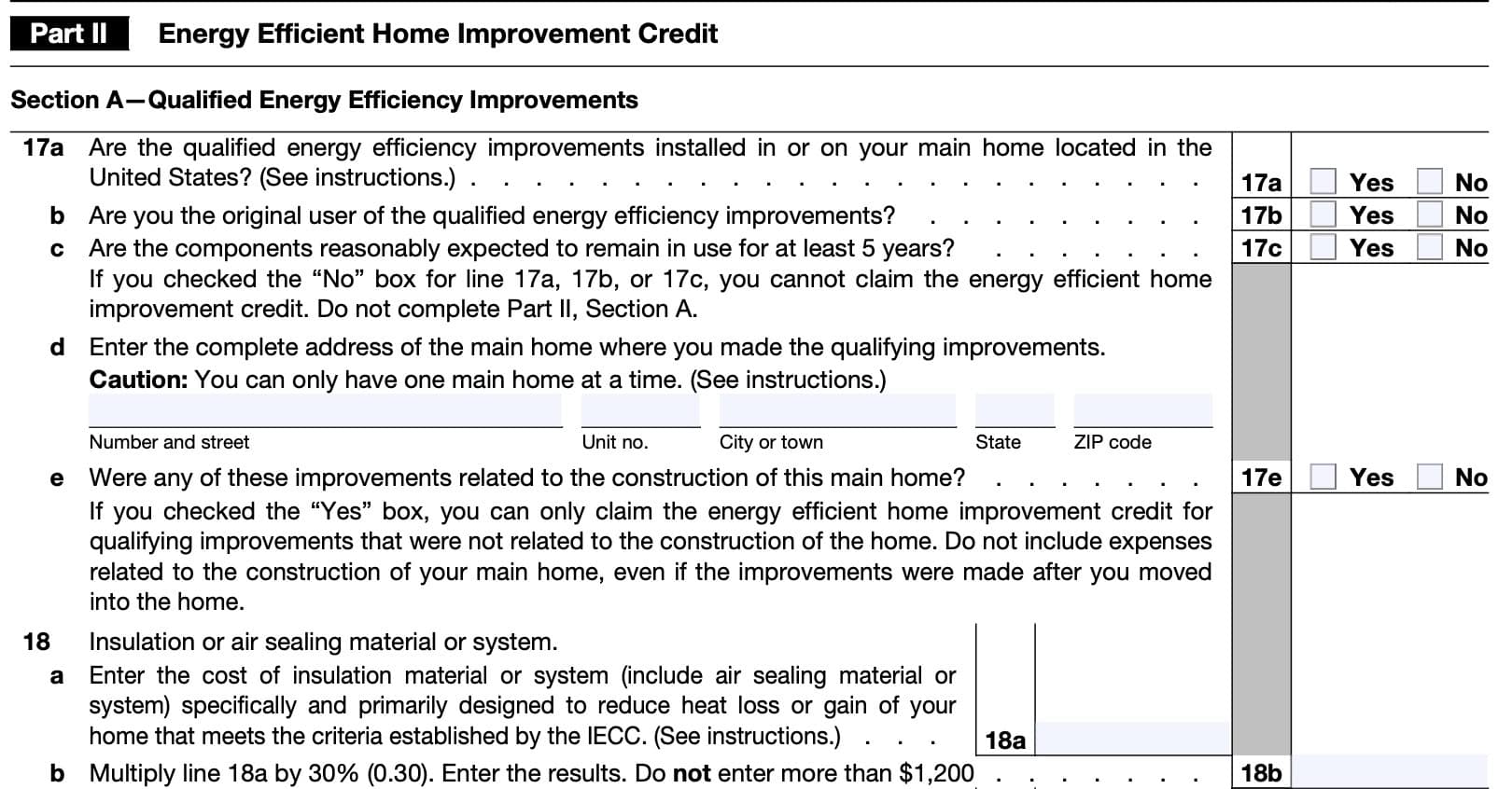 irs form 5695, part II, section a: qualified energy efficiency improvements