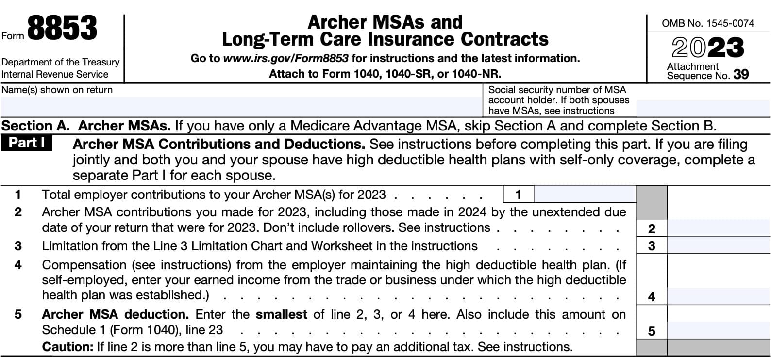 irs form 8853 Section A, part i: Archer MSA contributions and deductions