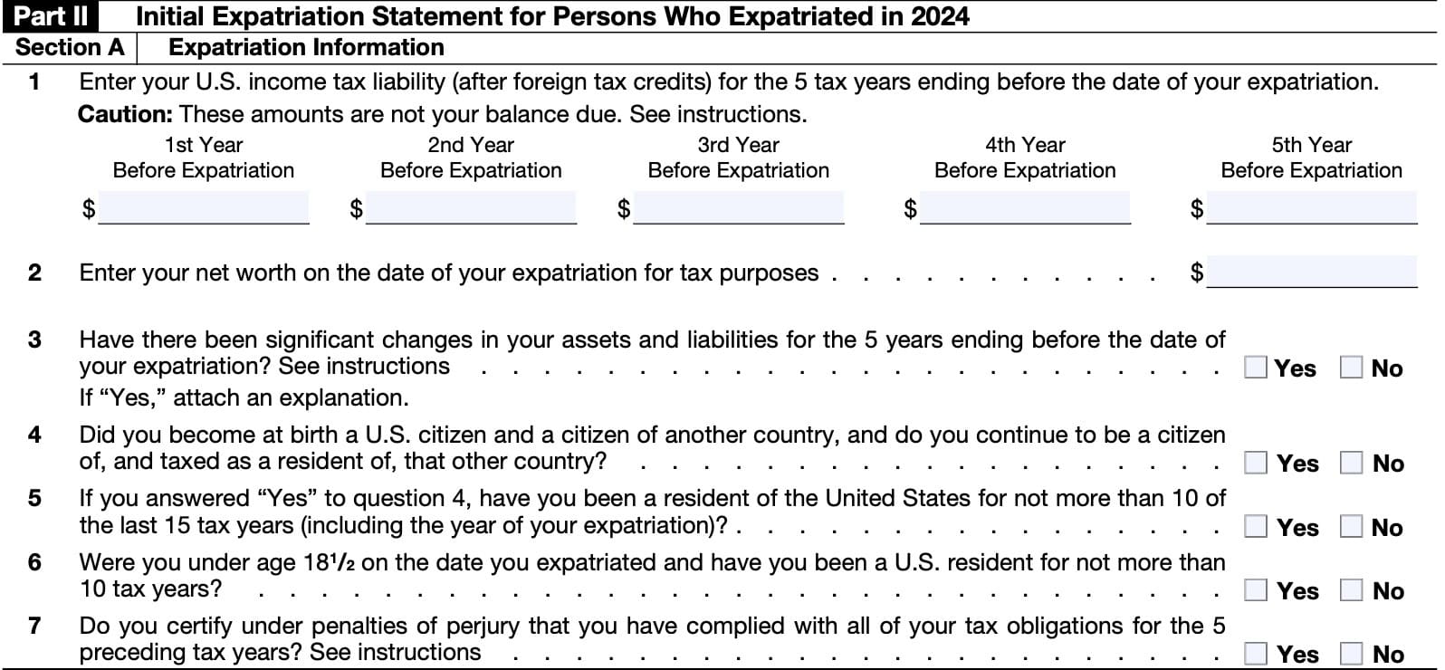 irs form 8854, part II, Section A: Expatriation information