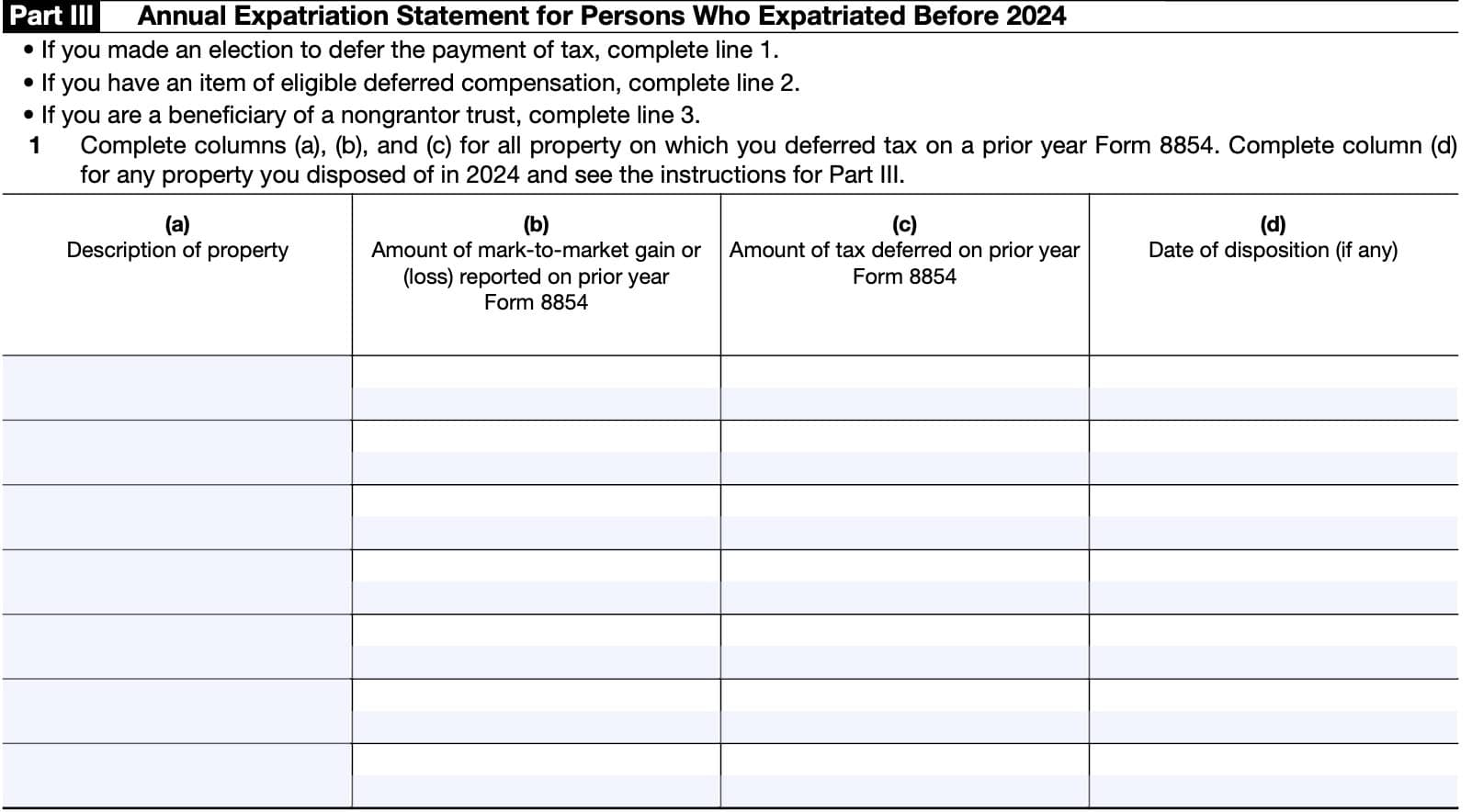 irs form 8854, part iii: annual expatriation statement for persons who expatriated before 2024