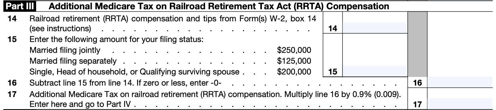 IRS Form 8959 part iii: additional medicare tax on railroad retirement tax act compensation