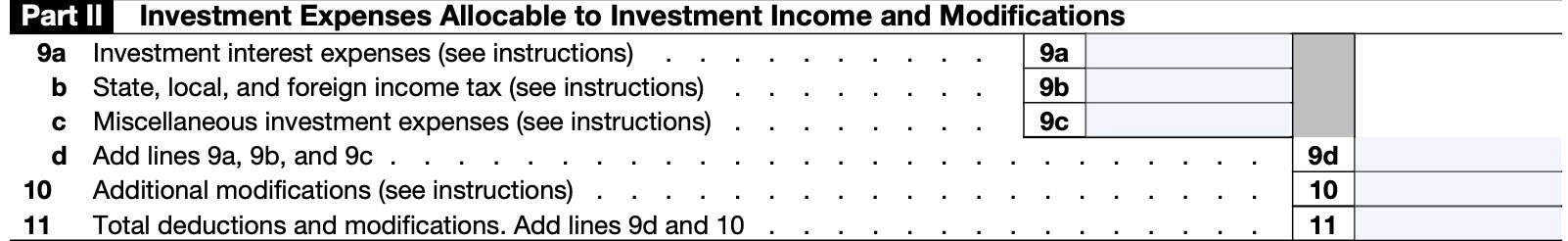 IRS Form 8960 Part II, investment expenses allocable to investment income and modifications