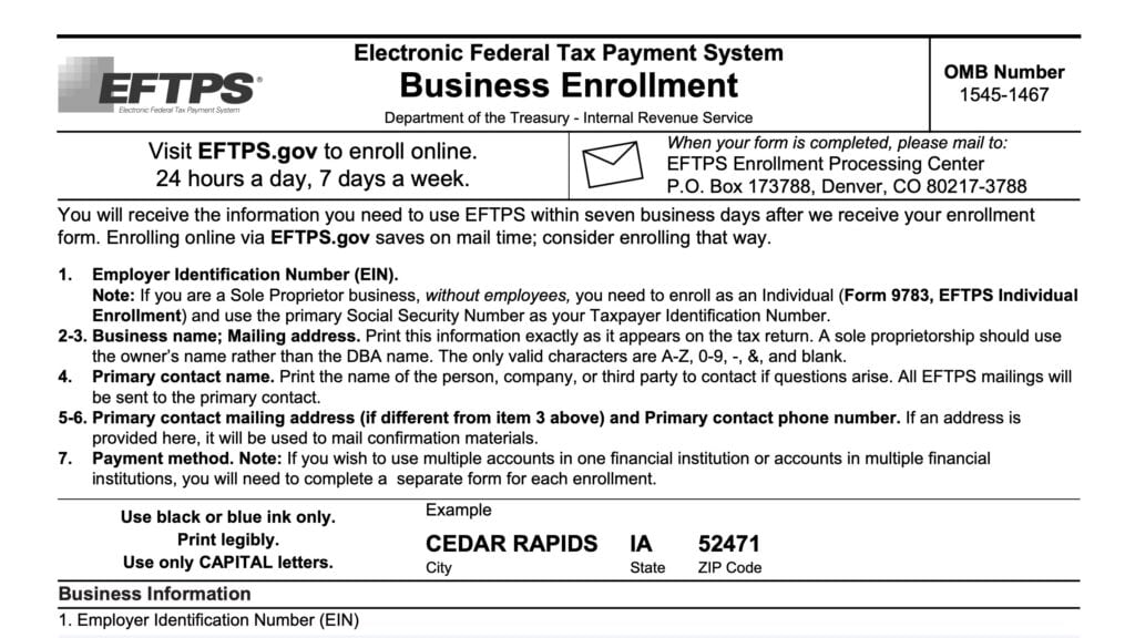 irs form 9779, electronic federal tax payment system business enrollment