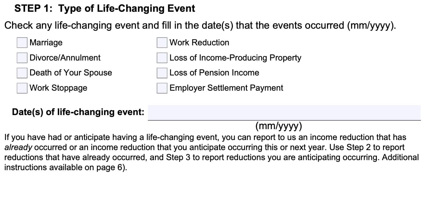 form ssa-44, step 1: type of life-changing event