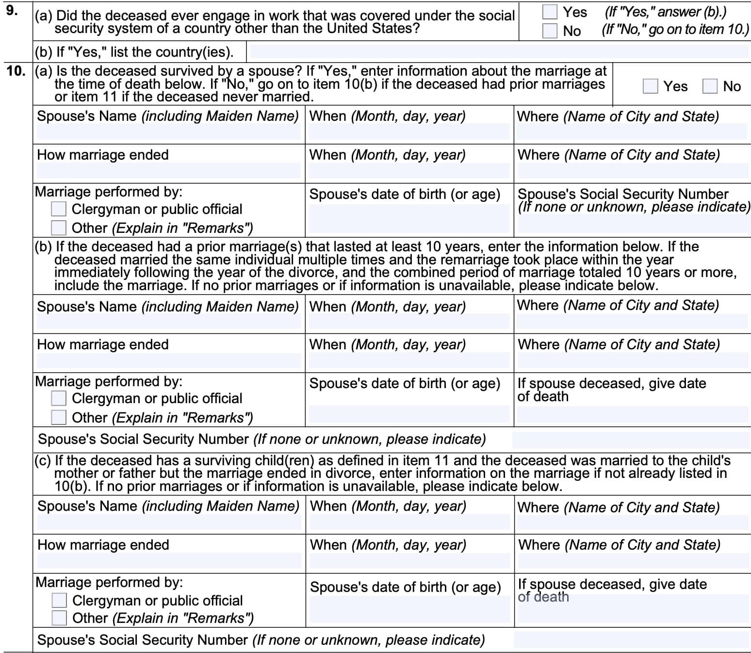 form ssa 8, questions 9-10