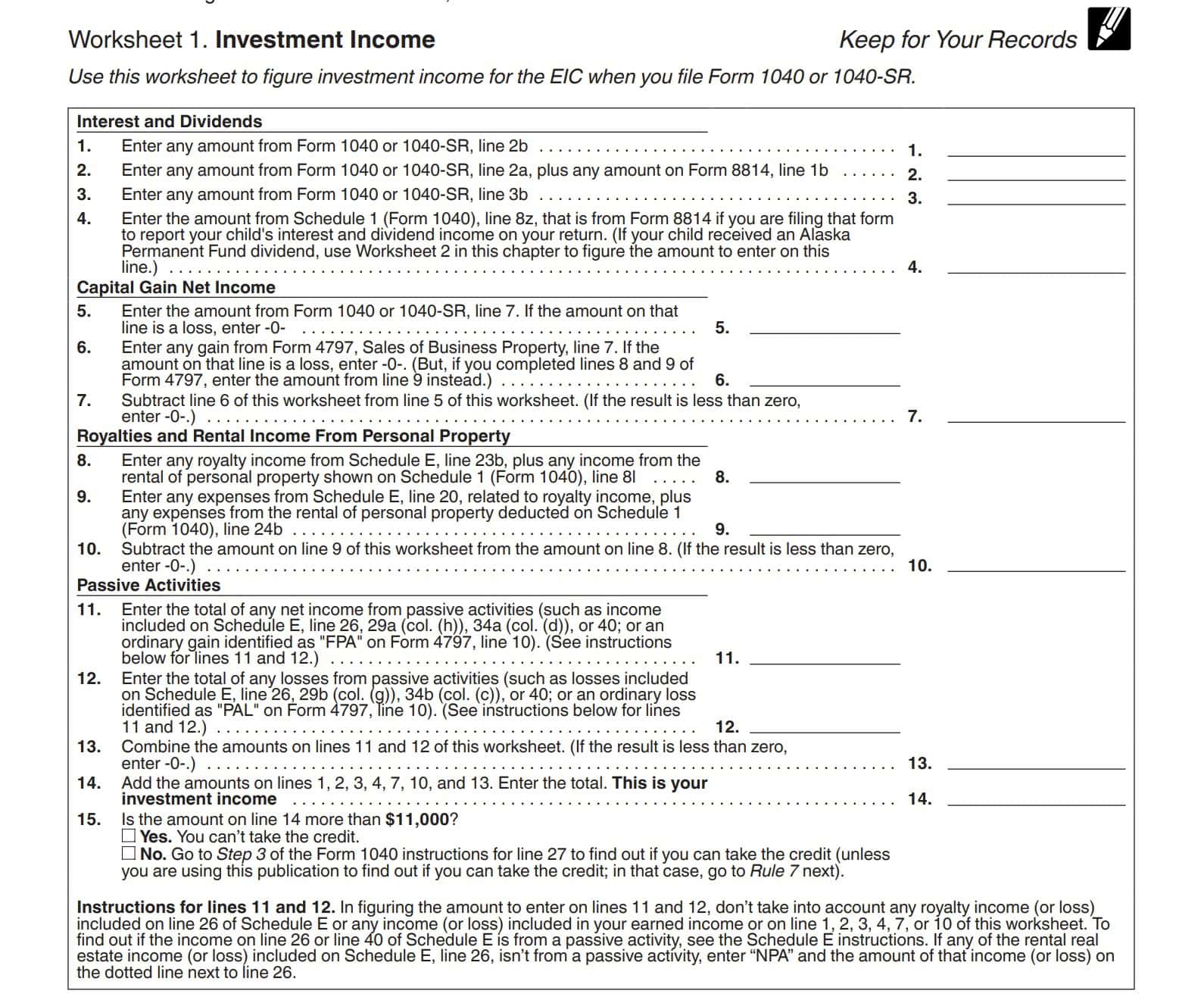 EIC investment income worksheet located in IRS Publication 596.