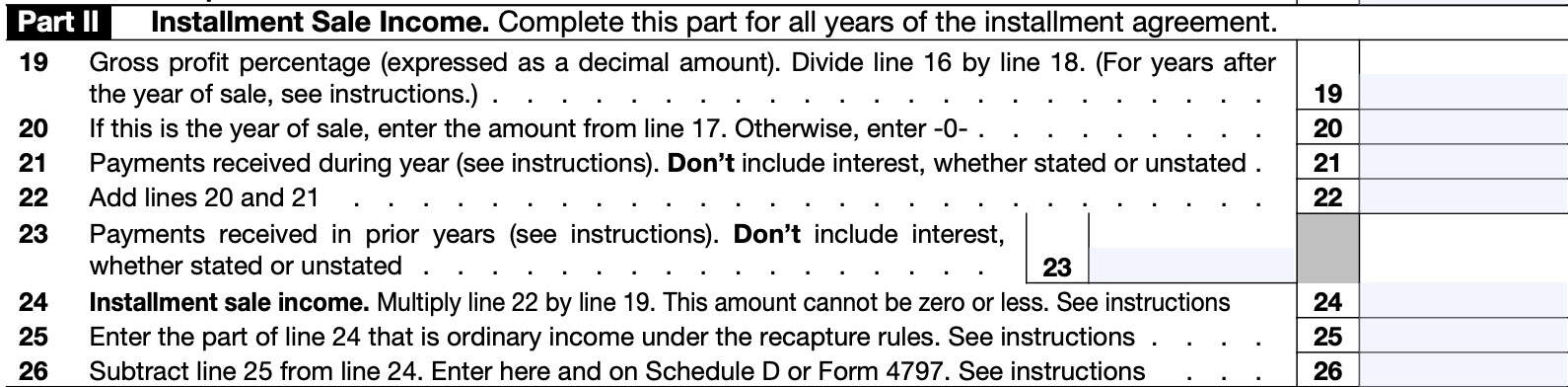 irs form 6252 part ii: installment sale income