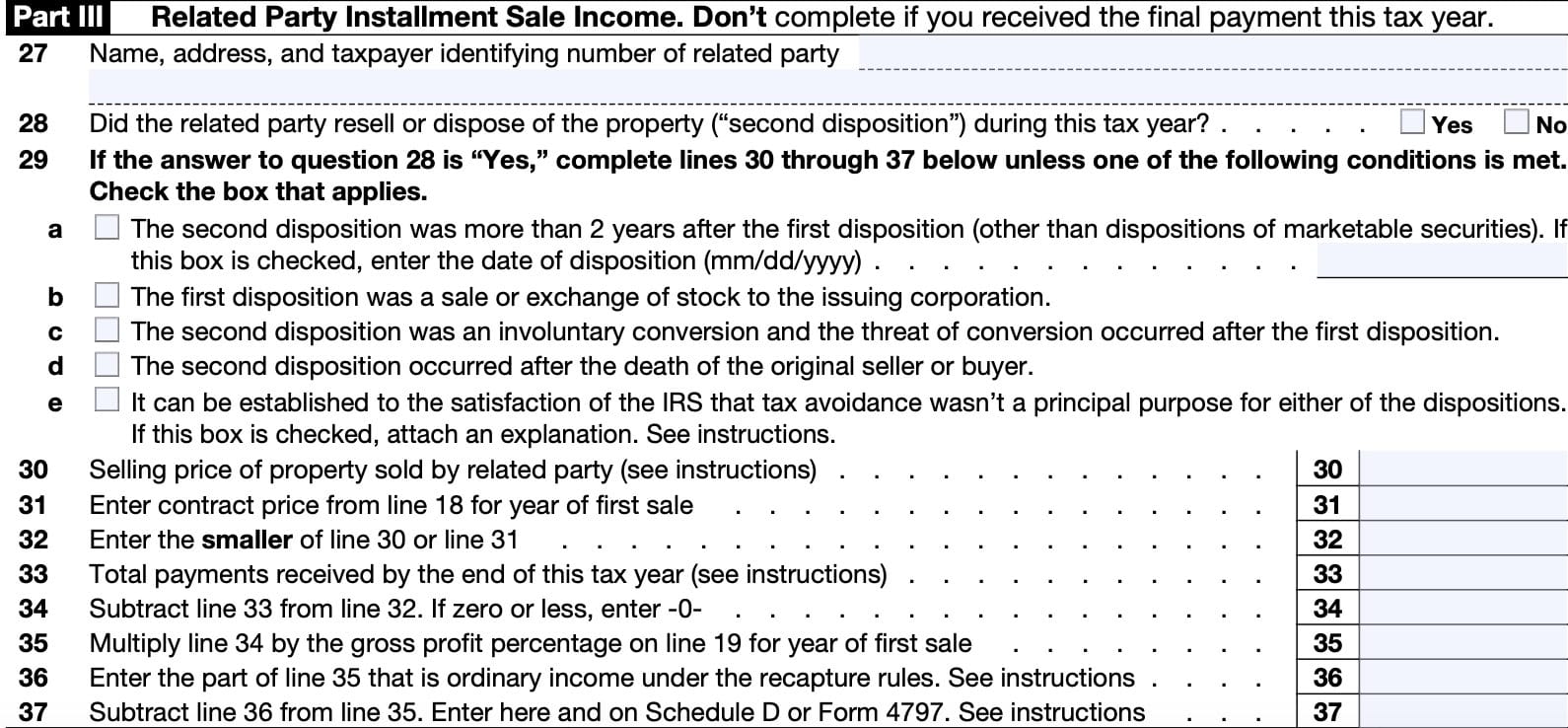 irs form 6252, part iii: related party installment sale income