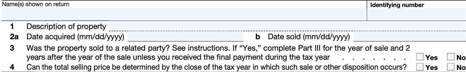 irs form 6252, installment sale income, top of form