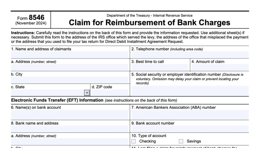 irs form 8546, claim for reimbursement of bank charges