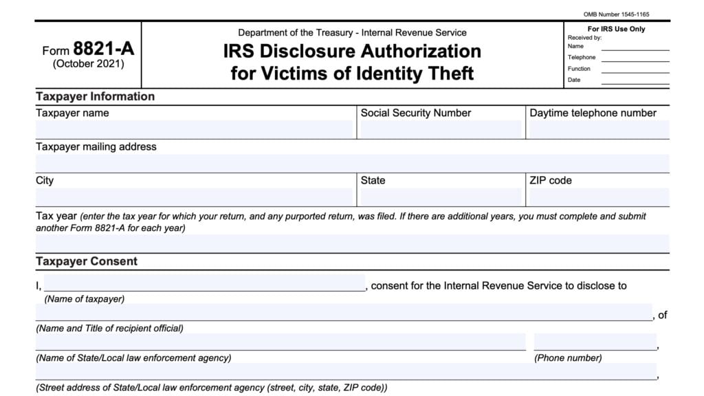 irs form 8821-a, irs disclosure authorization for victims of identity theft