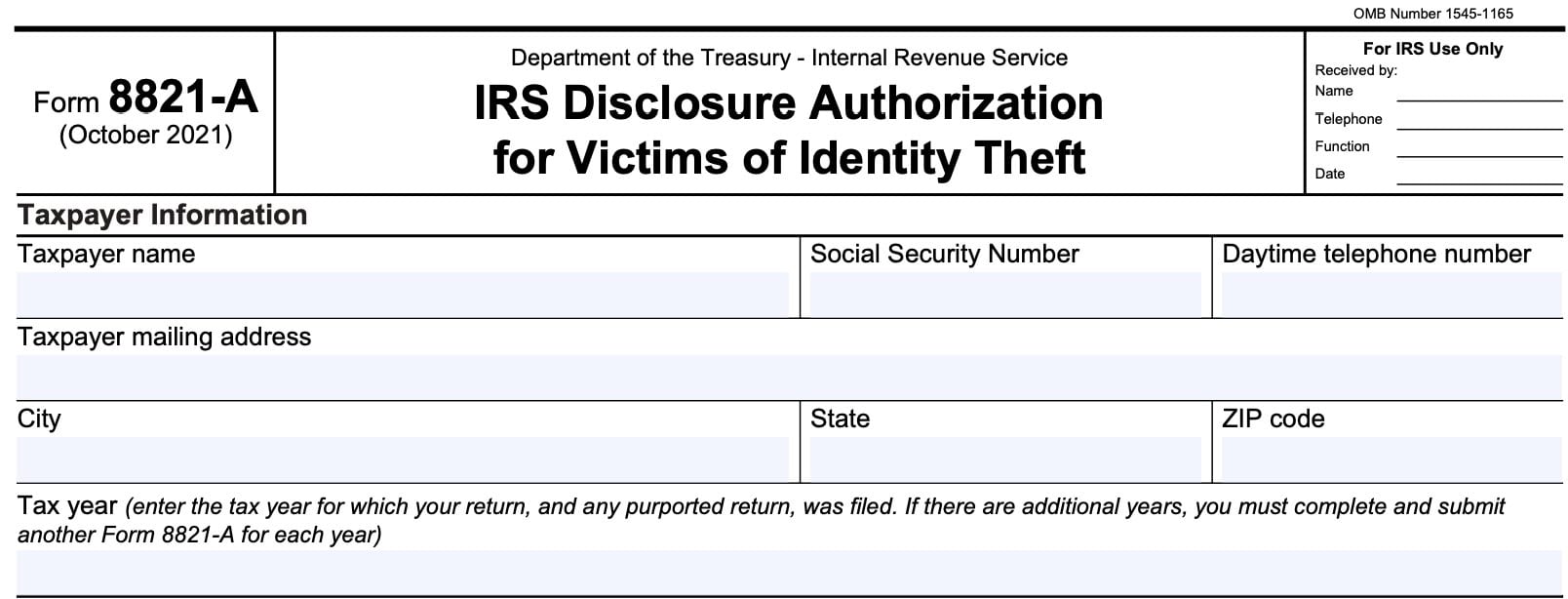 irs form 8821-a taxpayer information